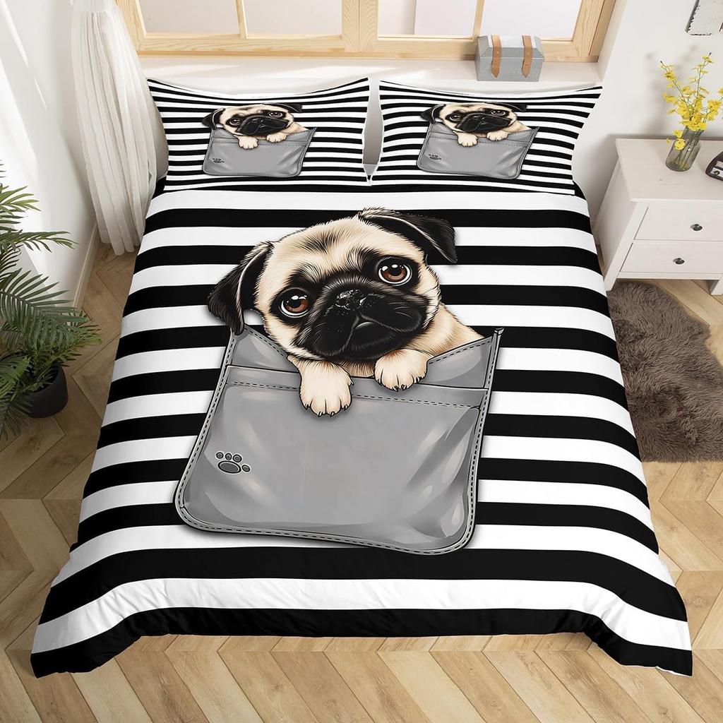 Pet Dog Duvet Cover for Kids Teen Boys Lovely Animal Theme Bedding Set Full Cute Pug Dog Print Comforter Cover with 2 Pillowcase
