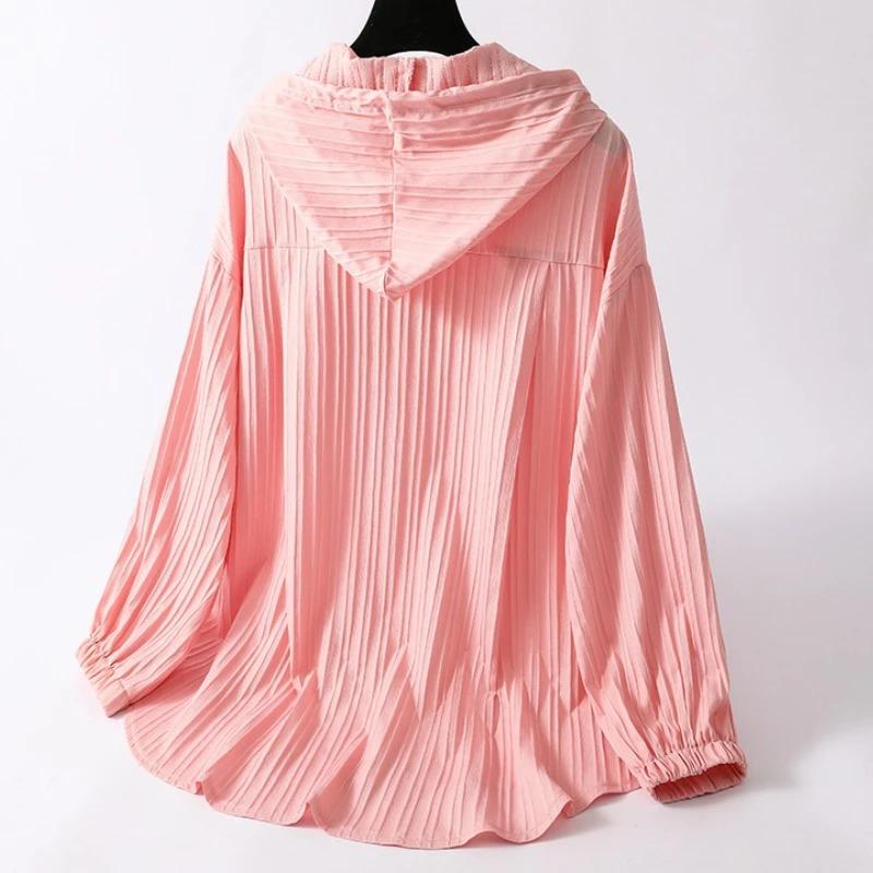 Long Sleeve Lightweight Loose Women Shirt Hooded Sun Protection Versatile Blouse Spring Autumn Retro Casual Solid Shirt