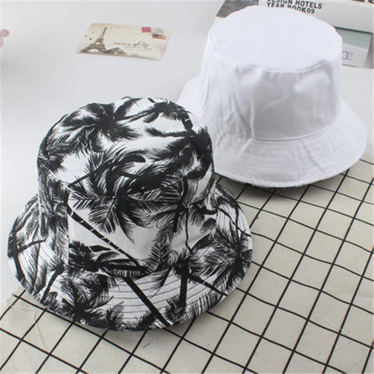 Unisex Summer Printed Bucket Hats Coconut Tree Black White Reversible Fisherman Caps Men Sunscreen Fold Hip Hop Panama Bob Hat