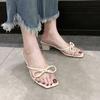 Women Summer Ribbon Bow-shaped Open-toe Thick Heel Slippers Elegant PU Leather High Heel Slide Shoes