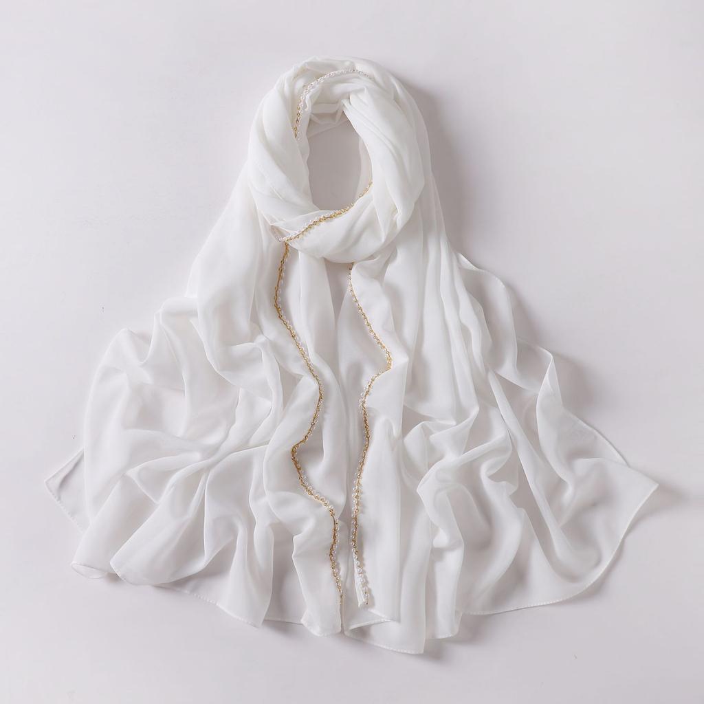 Pearl Chiffon Double Chain Beaded Scarf Ethnic Women S Headscarf