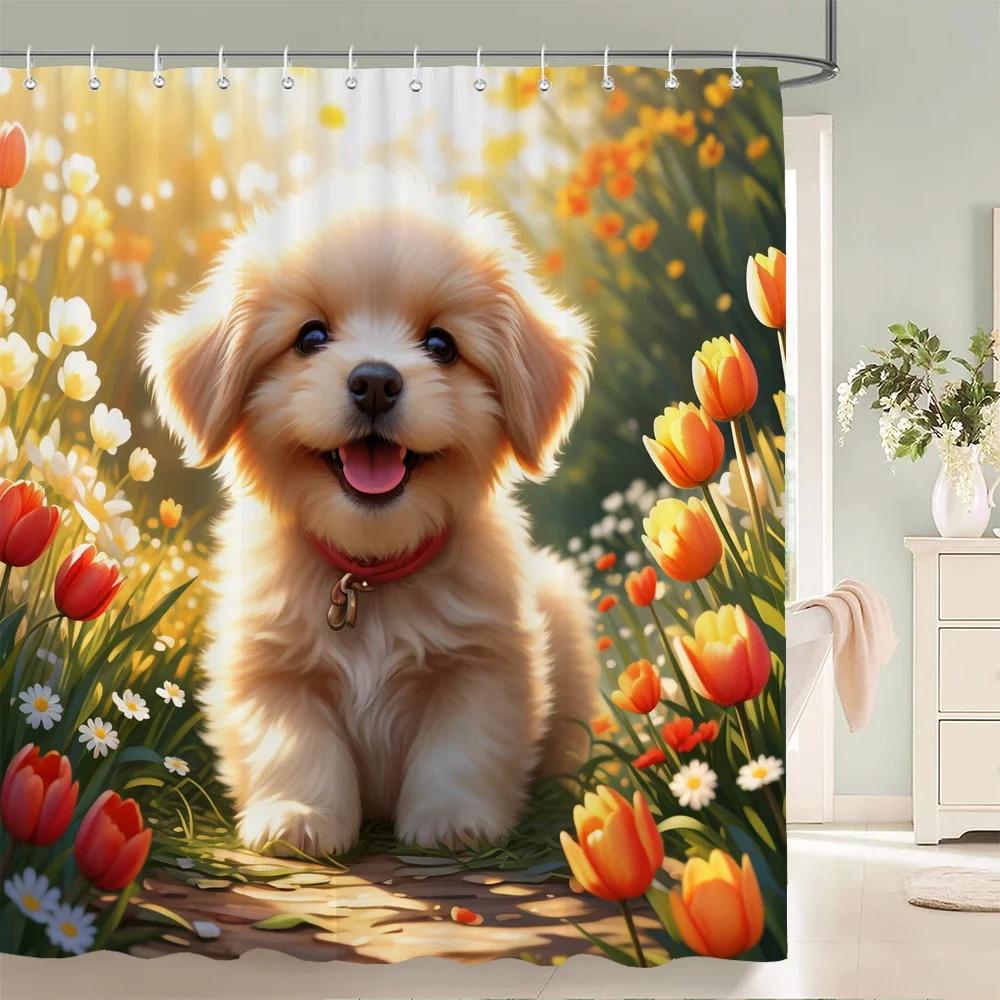 Floral Summer Shower Curtain Cat and Dog Animals Fabric Shower Curtains for Rustic Bathroom Decor Spring Plant Shower Curtain