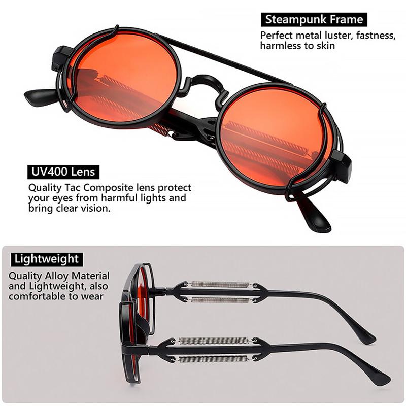 Steam Punk Metal Spring Frame Sunglasses for Women Men UV400 Resin Lens Unisex Sun Glasses Universal Car Moto Accessories 1 Pair