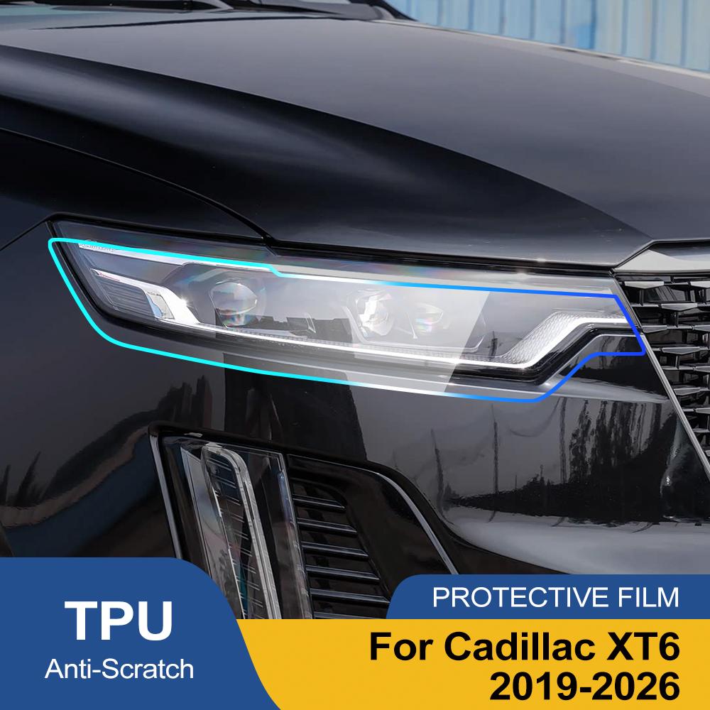 Für Cadillac XT6 2019-2026 Hochglanz Rauchschwarz Vorgeschnitten Scheinwerfer Schutzfolie TPU PPF Kit Kratzfest Vinyl Wrap Abdeckung