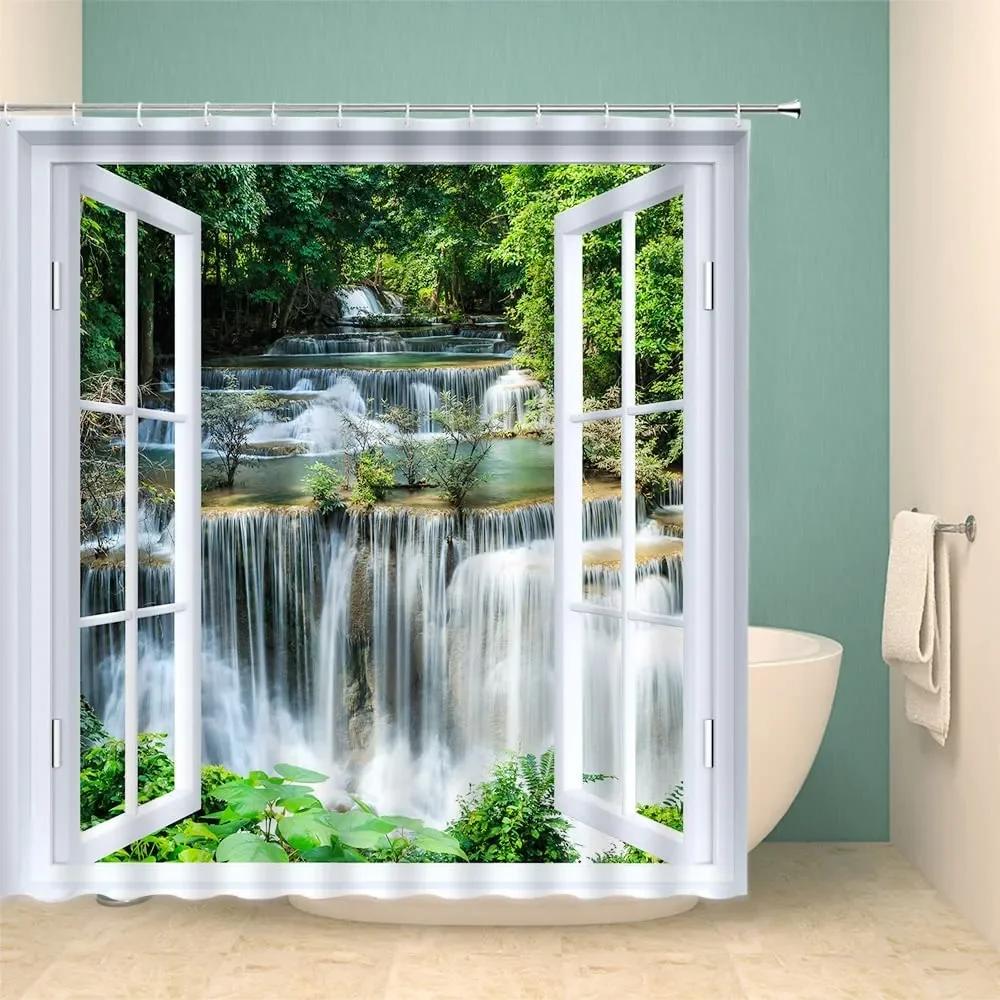 unframed Tropical Forest Shower Curtain, Nature Scenery Green Tundra Forest Waterfall River Animal Bridge, Bathroom Decorative