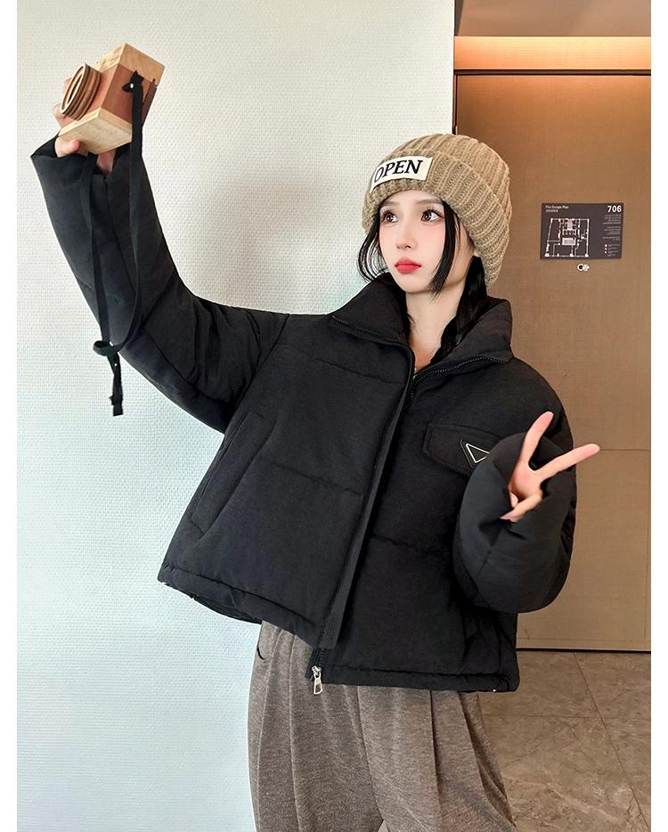 Short Stand Collar Loose Warm Coat Basic Jacket with Adjustable Hem