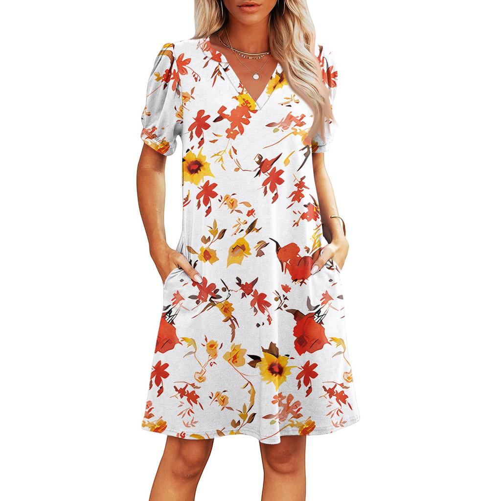 Women's Summer V-Neck Casual Beach Dresses Pod Short Sleeve Vintage Floral Print Dresses