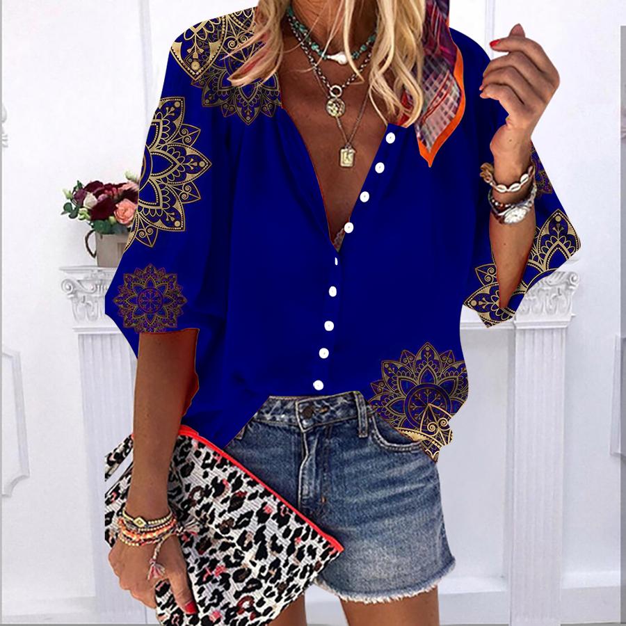 

2023 Лето Осень Новая мода Женские топы Синий Лотос Принт Полурукав Повседневная рубашка больших размеров на пуговицах больших размеров с пузырчатыми рукавами