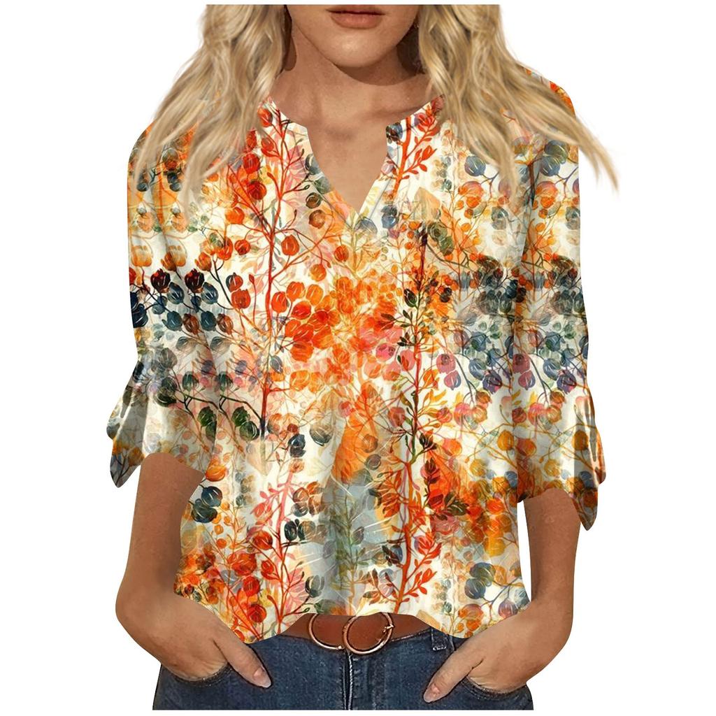 Women's Top Loose Casual V-neck Printed Blouses Bell 3/4 Sleeve T-shirt