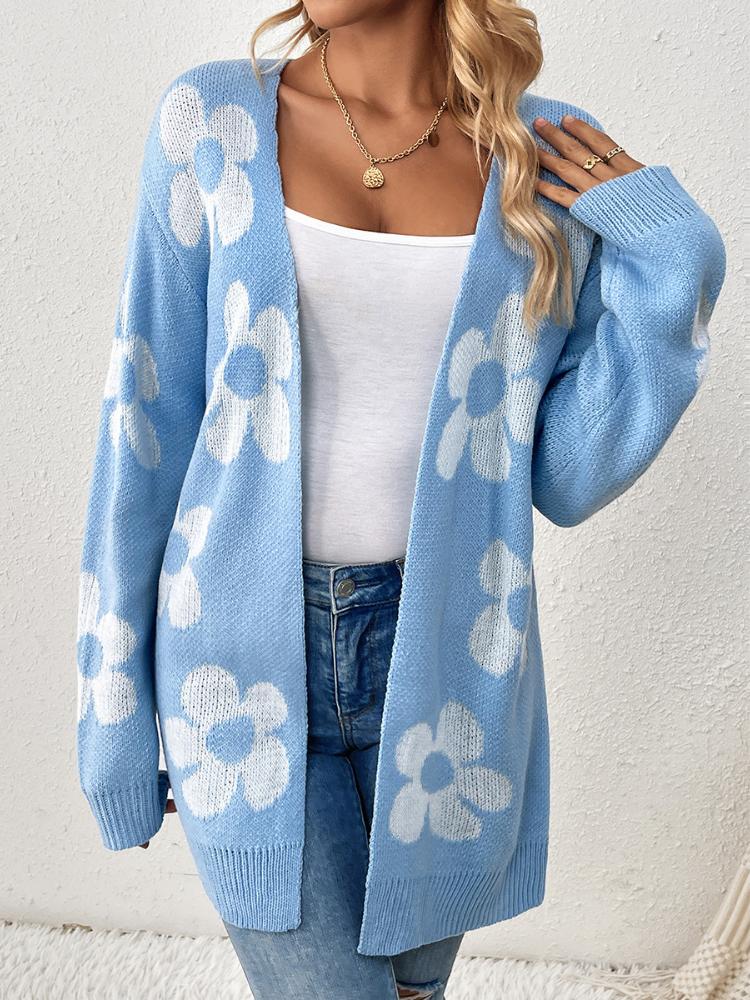 Mid to long autumn and winter sweater jacket for women, loose contrasting flower V-neck long sleeved knitted cardigan