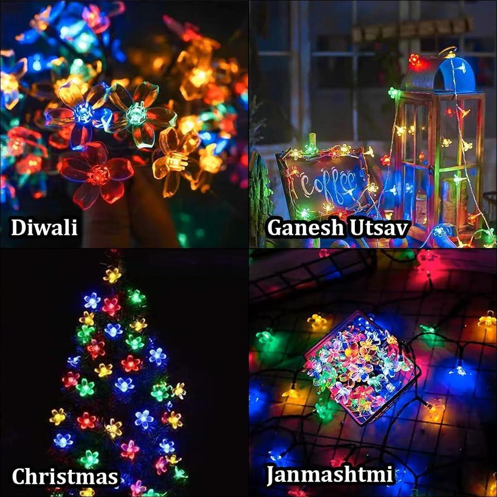 Silicone Flower LED String Lights – 60 LED, 12 Meter Multicolour Copper Wire Fairy Lights for Window, Wall, Garden, Diwali, Christmas