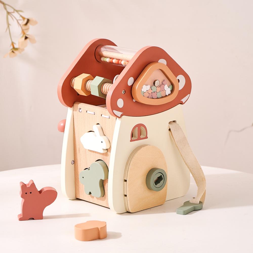 Baby Montessori Wooden Toys Educational Wooden Blocks Shape Pairing Mushroom Busy Box Toys for Kids Musical Percussion Toys