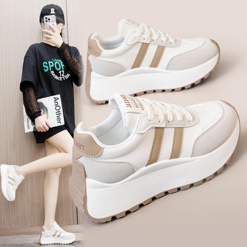 TK Women's Height-Boosting Sneakers: Black/Khaki Leather Patchwork, Thick Sole, Casual Sports Style for Autumn/Winter