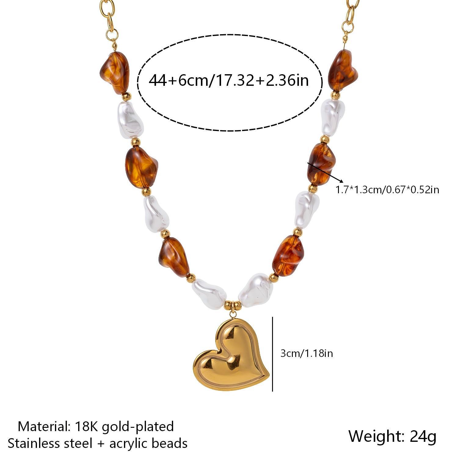 18K Gold Plated Stainless Steel Necklace with Amber Resin and Baroque Pearl Heart Pendant 18K