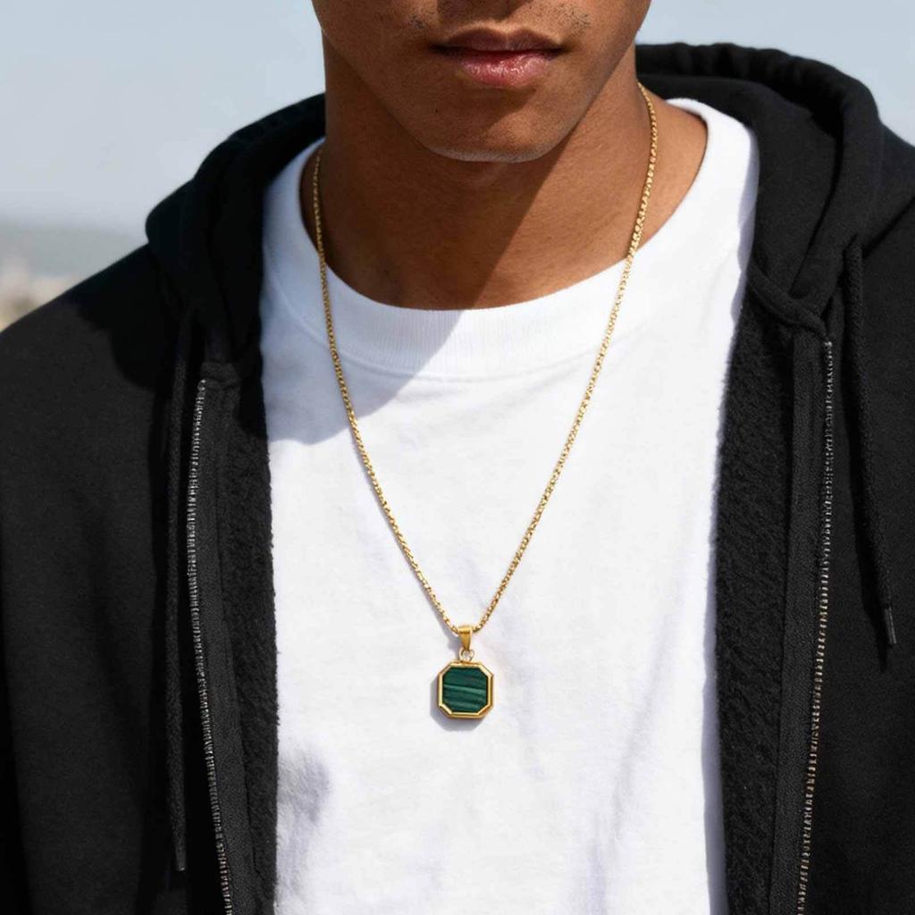 Trendy Green Square Natural Stone Necklace for Men,Stainless Steel Malachite Pendant Necklace,Minimalist Gifts for Husband Dad