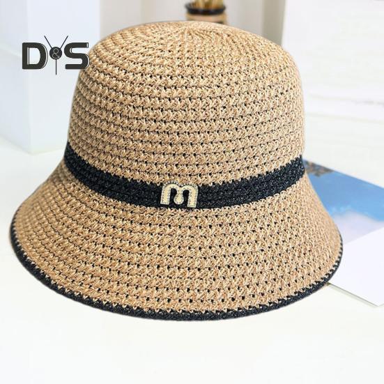 Summer Women Fisherman Hat Sun Protection Anti-UV Foldable Straw Hat Letter Decor Breathable Portable Camping Beach Travel Gardening Sun Cap