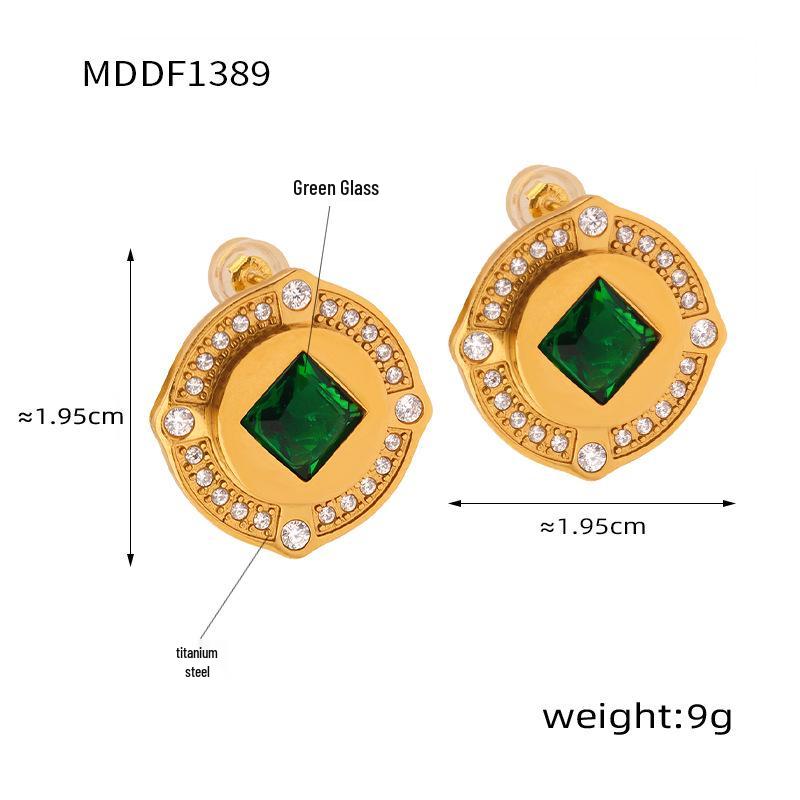 Elegant Chinese-Style Zircon Button Stud Earrings - Geometric Round/Square Design, Gold Plated Titanium Steel