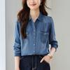 Tennis Denim Shirt Women's Long Sleeve Mid-length Spring and Autumn New Old Retro Top