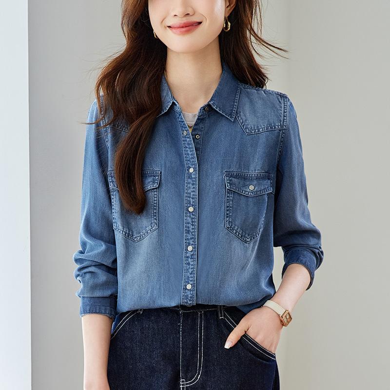 Tennis Denim Shirt Women's Long Sleeve Mid-length Spring and Autumn New Old Retro Top