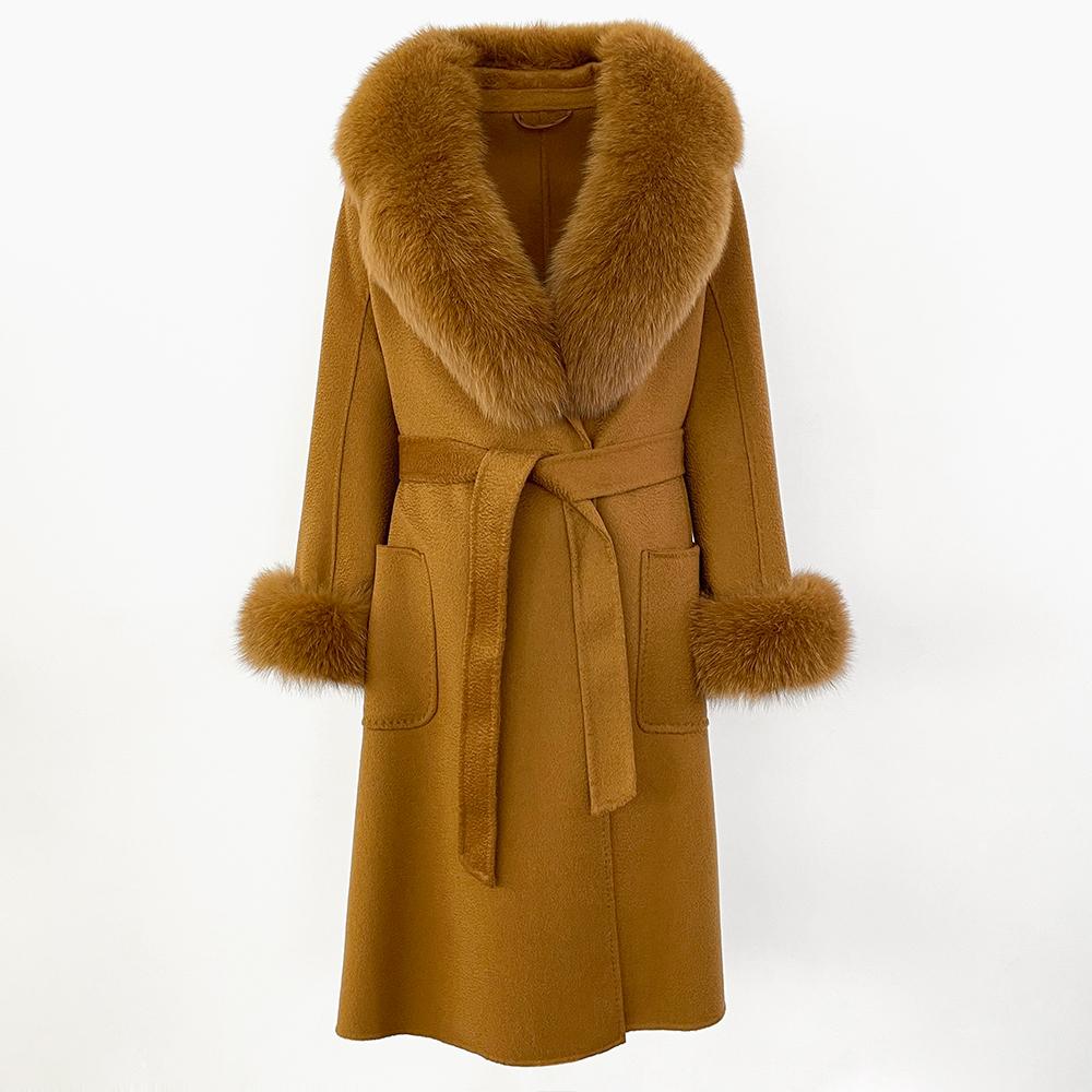 MENINA New  Autumn Winter Fashion 100% Wool Water-Corrugated Woolen Coat with Detachable Fox Fur Collar Women Daily Casual Wear