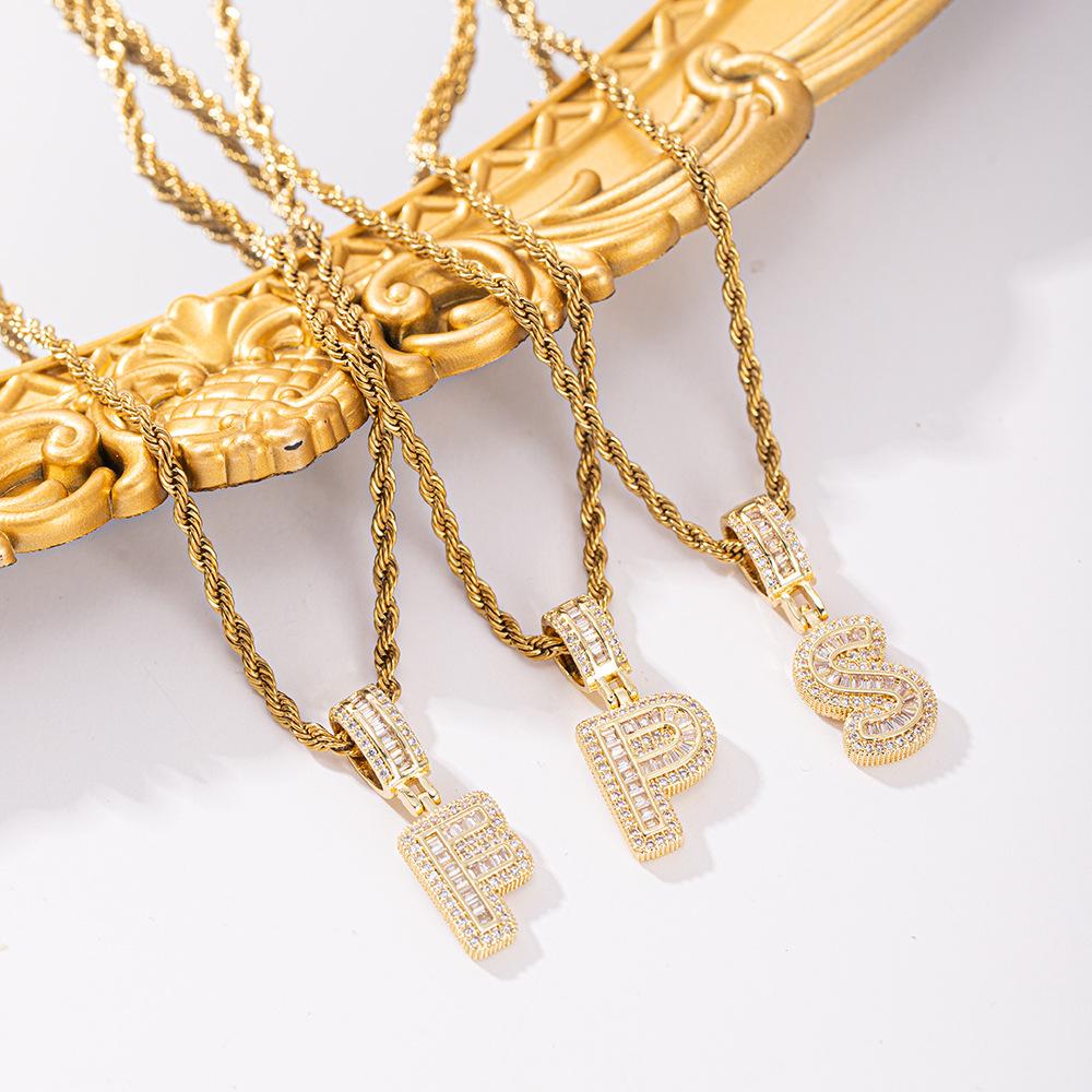 1pc Copper Inlaid Zirconia 26 Letter Pendant Stainless Steel Twisted Chain Necklace, Hip-hop & Minimalist, Valentine's Day