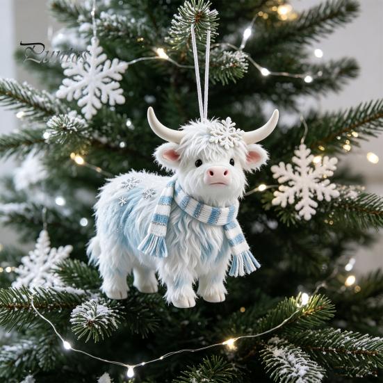 Small Holiday Party Favors Highland Yak Ornament for Christmas Tree Hanging Decor, Cute 2D Flat Unique Acrylic Gift Tags Pendant with Gold String