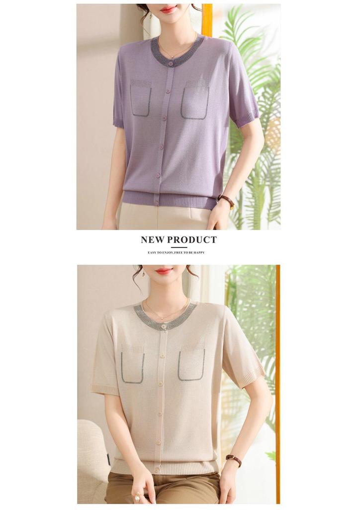 Elegant Ice Silk Short-Sleeve Knitted Top for Middle-Aged Women