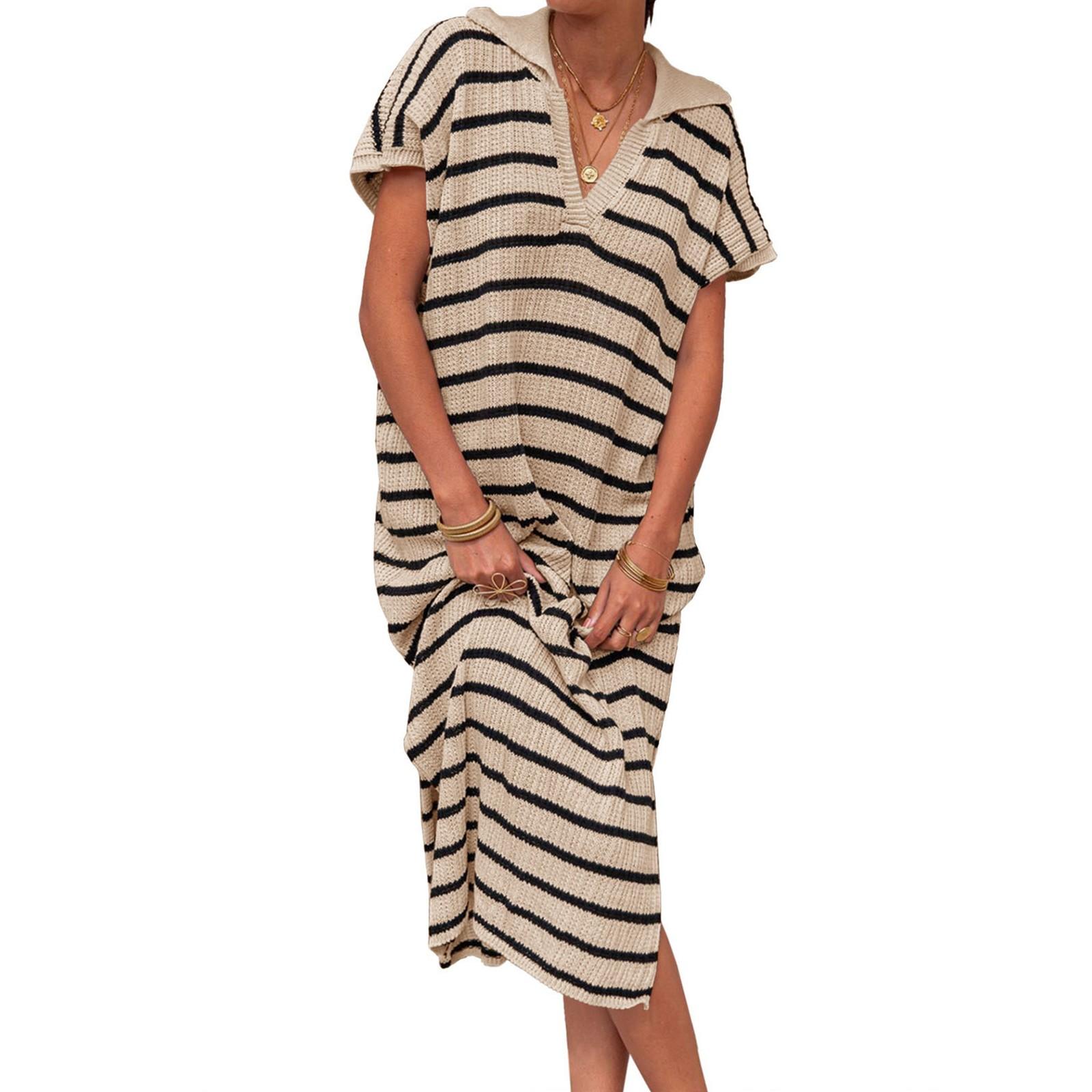 

Women s Fashion V-Neck Striped Low Split Lapel Long Sweater Casual Dresses L бежевий
