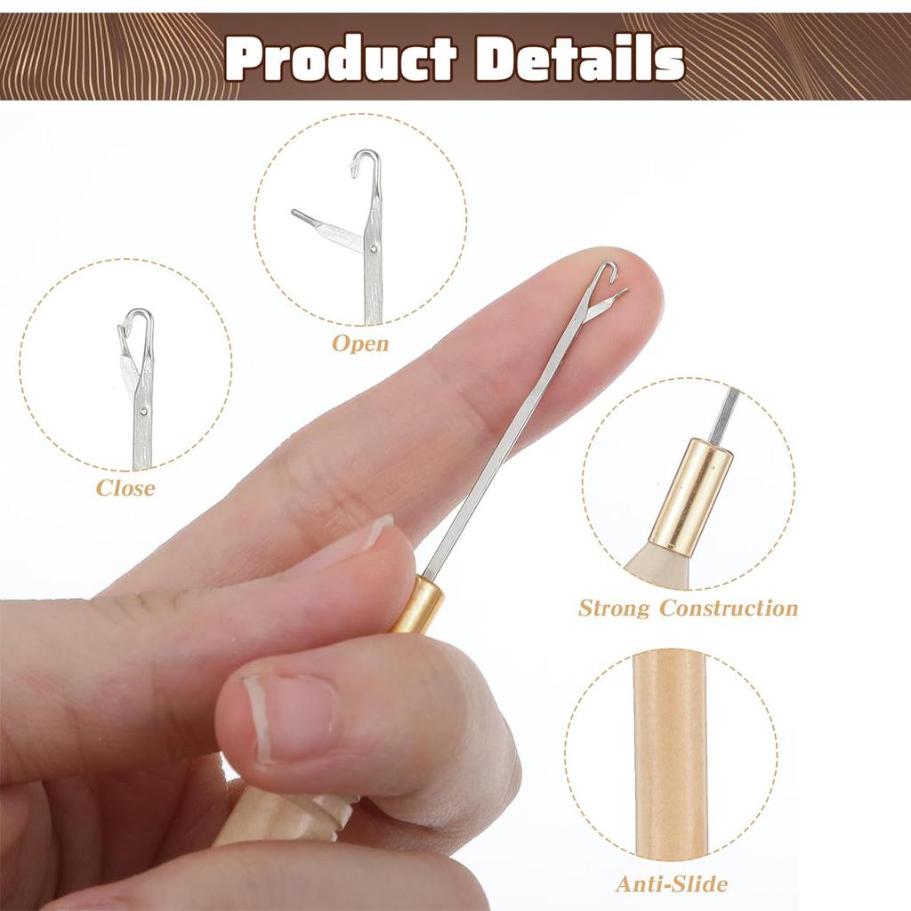 Latch Hook Needle With Wooden Handle Hair Extension Crochet Tool For Beads Feather Hair Rings DIY Hair‑Making Supplies