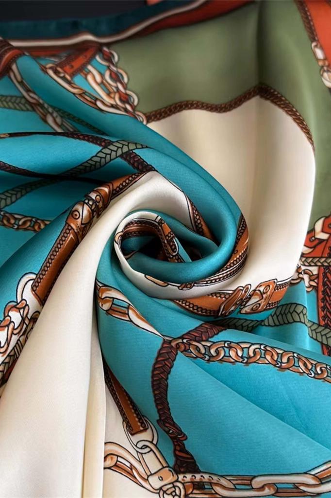 Satin Scarf 70X70 - Equestrian Motif, Turquoise and Orange
