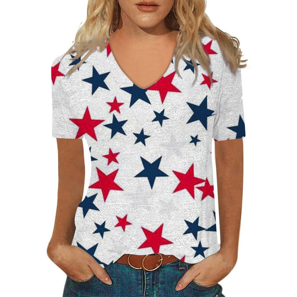 Sommer V-Ausschnitt 3D Abstraktes Retro-Muster Bedrucktes Oberteil Modische Lässige Kurzarm Damen T-Shirts