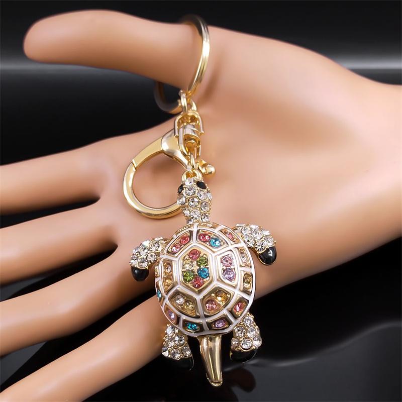 Exquisite Colorful Crystal Turtle Key Ring Holder for Women Men Alloy Rhinestone Animal Keychain Charm Jewelry Gifts K5205S03