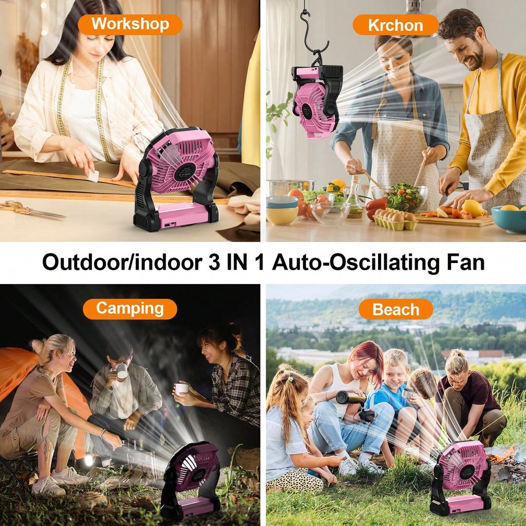 Cold Air Battery Powered Fan With LED Lantern,Dual Motor Camping Fan, 4-Speed Adjustable Desktop Fan With Hook