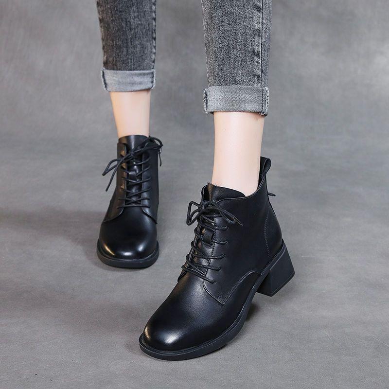 Stivali corti con tacco spesso, scarpe da donna in cotone, stivali Martin con lacci versatili con tacco medio, scarpe da donna alte retrò