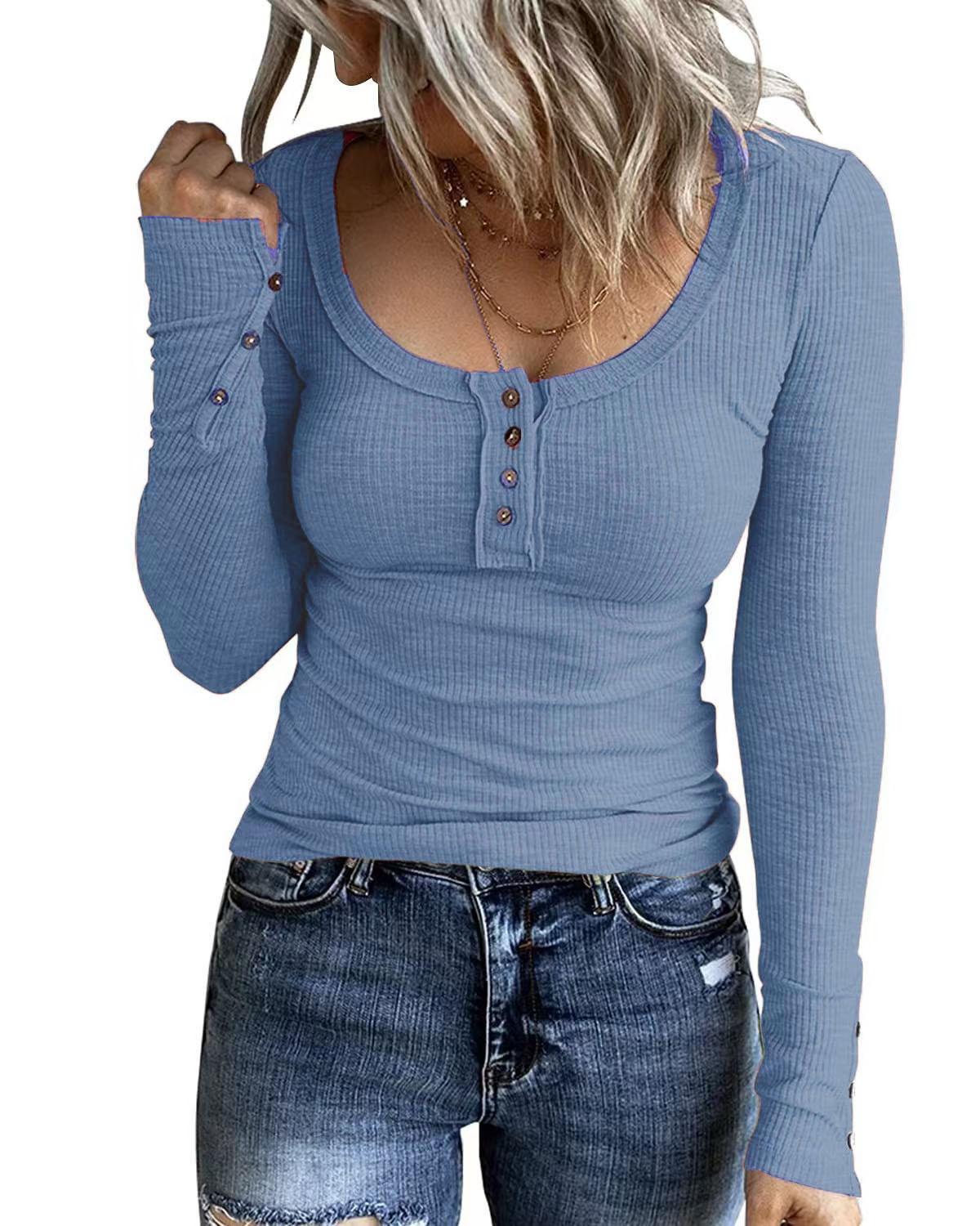 Women S Slim Fit Long Sleeve Ribbed Knit Button T Shirt For Fall Winter S синий