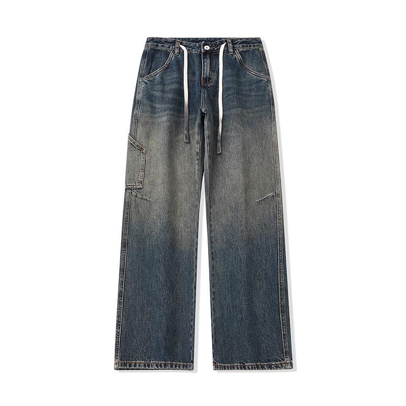 Autumn American Retro Washing Tool Drawstring Jeans Men's Loose Straight Pants