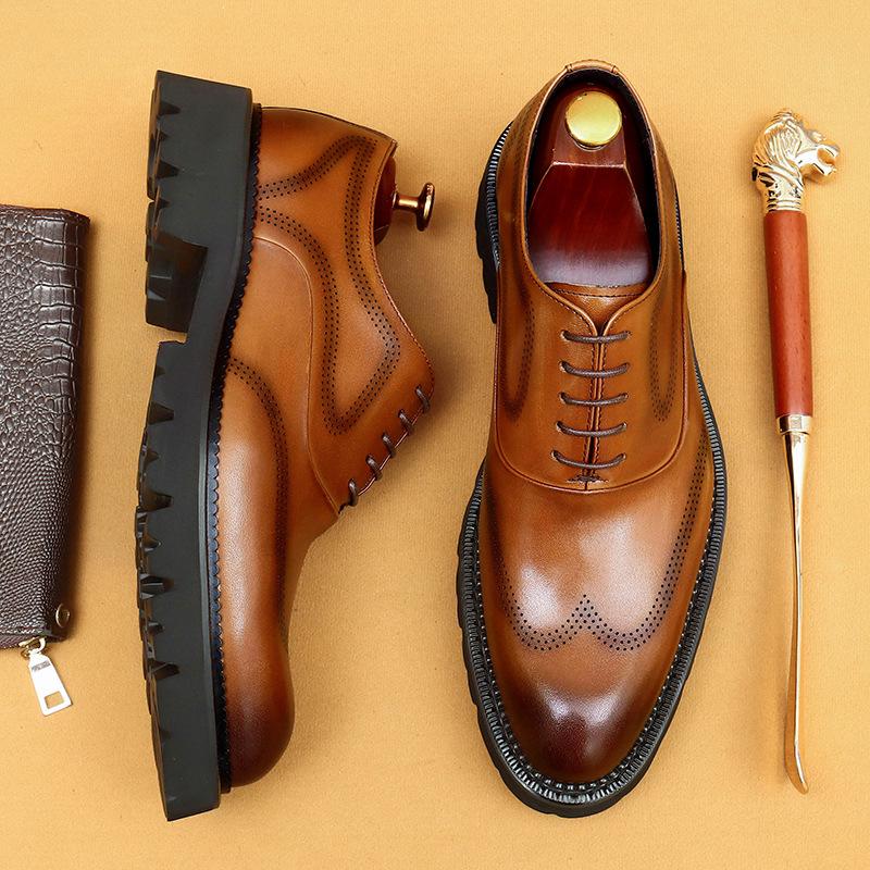Leather Dress Leather Shoes Business Casual Thick Sole Heightening Block Engraved Wedding Men'S Shoes
