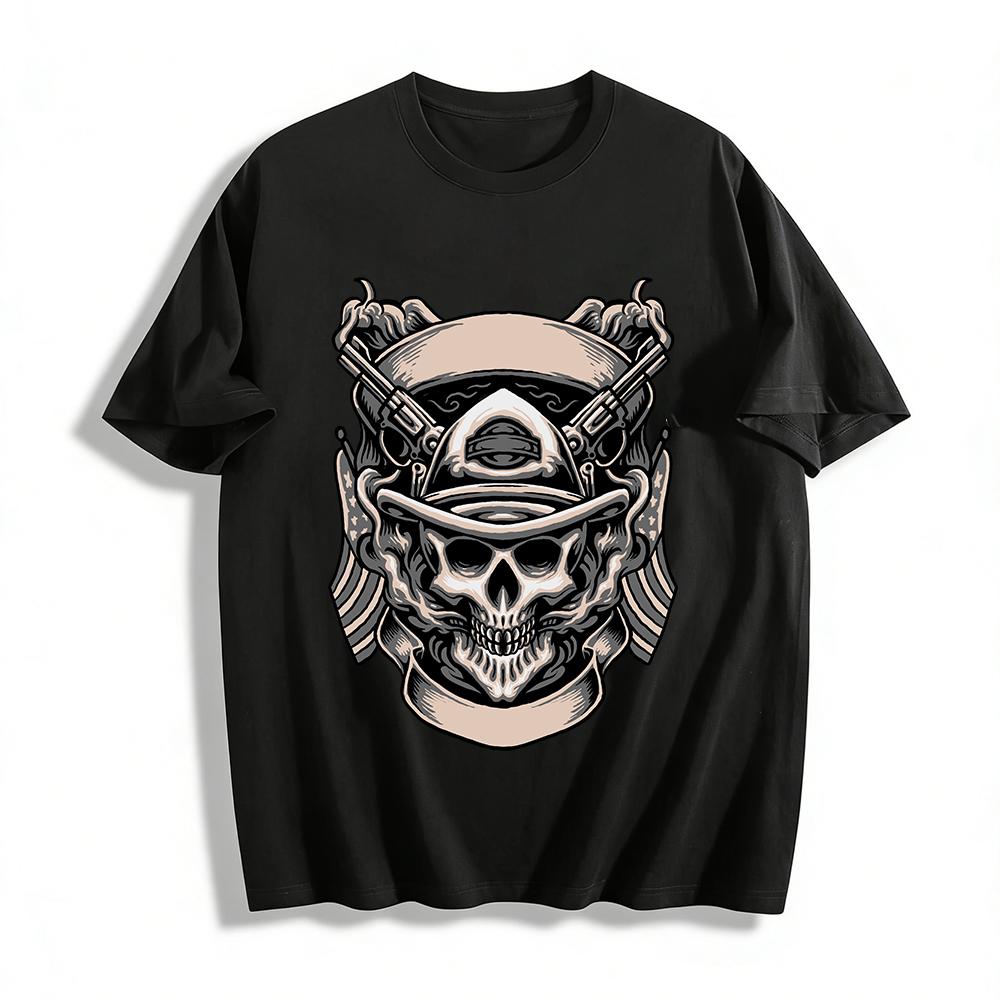 Vintage Firefighter Skull Print Tee Edgy Casual Unisex Top Pure cotton T-shirt XXS
