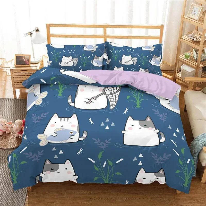 Kawaii Cat Comfortable Duvet Quilt Cover Pillowcase Bedding Set Children Bedroom Decoration Home Textile