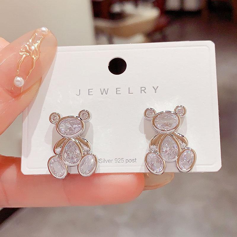 Chic Korean Zircon Teddy Bear Stud Earrings for Women - Fashionable, Trendy, Influencer Style with Silver Needle.