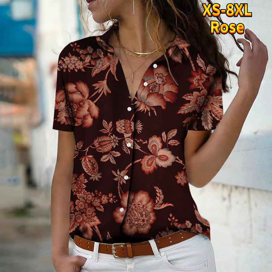 2025 Summer New Fashion Women's Flower Printed Short Sleeve V-neck Casual Button-down Shirt Top