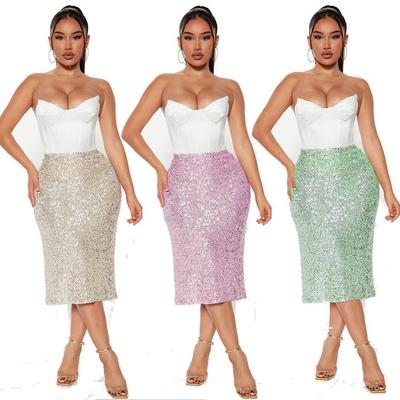 2023 Frühling Damen Vielseitiger Einfarbiger Paillettenbesetzter Slim High Waist Midilanger Rock