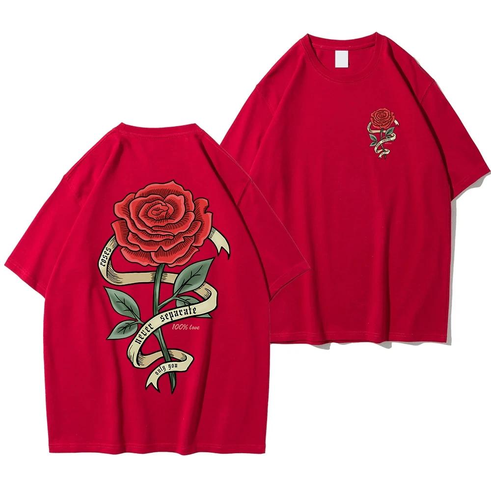 Red Roses Wrapped In Ribbons Print Clothes Men Cotton Breathable Tee Clothes Unisex Oversized Casual Loose T-Shirts Short Sleeve