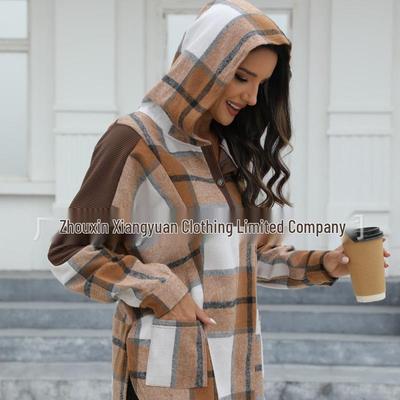 Manteau à carreaux à capuche et boutonnage pour femme 2025 - Mode Automne/Hiver, Coupe décontractée ample