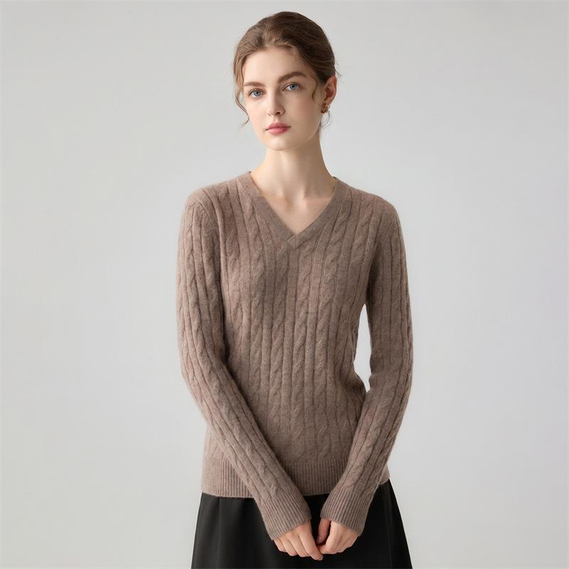 Lekasha Women's Cashmere V-Neck Cable Knit Sweater - Korean Style, Autumn/Winter, Solid Color Pullover