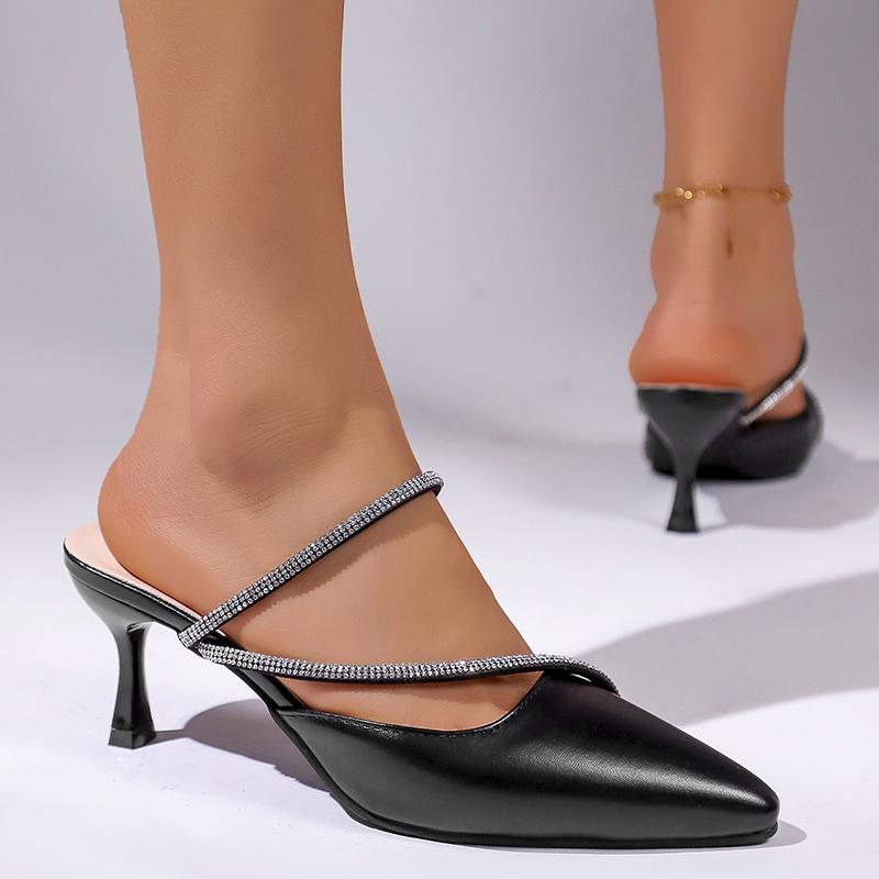 Crystal Strap Black High Heel Sandals for Women Summer Pointed Toe Kitten Heel Ladies Office Shoes Plus Size 42 Party Shoes