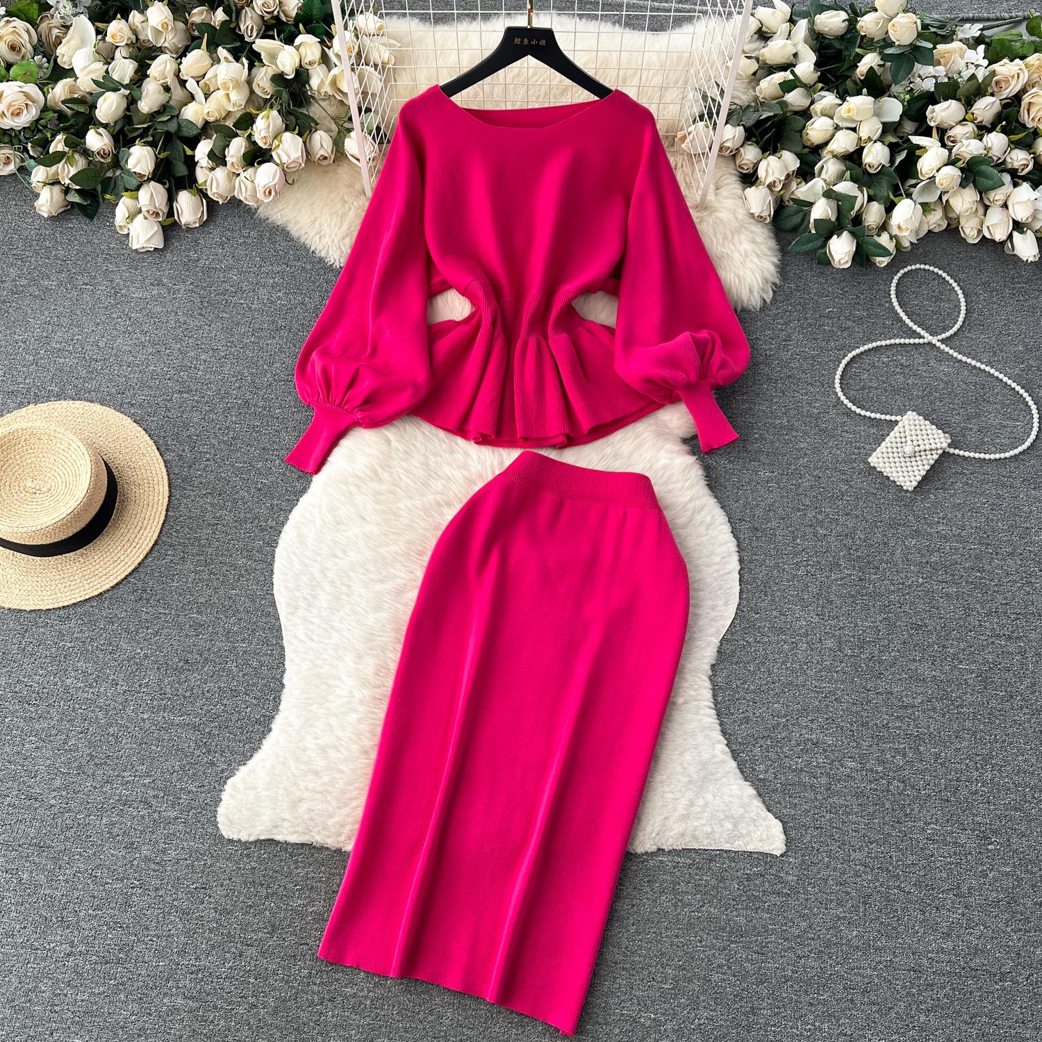 

Осенние вязаные женские костюмы, женский пуловер с длинным рукавом-фонариком и эластичной резинкой на талии + облегающая юбка с разрезом, однотонный элегантный комплект из свитера One Size