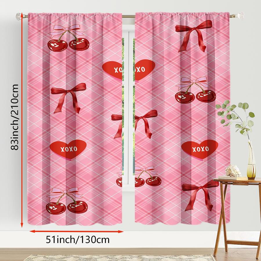 2PCS Pink Grid Cherry Love "XOXO" Curtains   Sweet and Cool Style   Bedroom and Living Room   Drawbar Pocket Decorative Curtains
