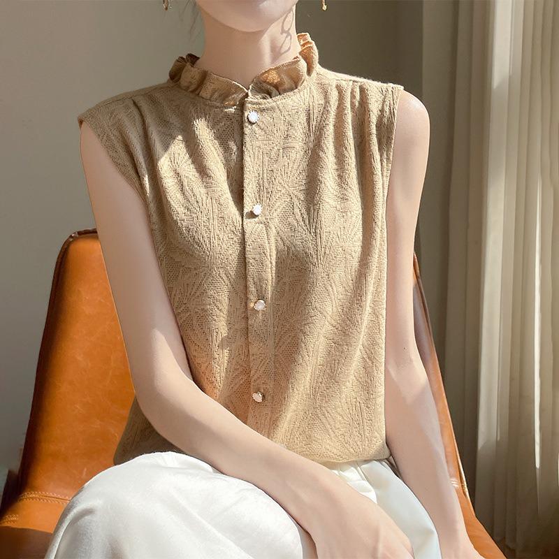 Summer Lace Collar Sleeveless Shirt Women's Wooden Ear Stand-up Collar Vest Top