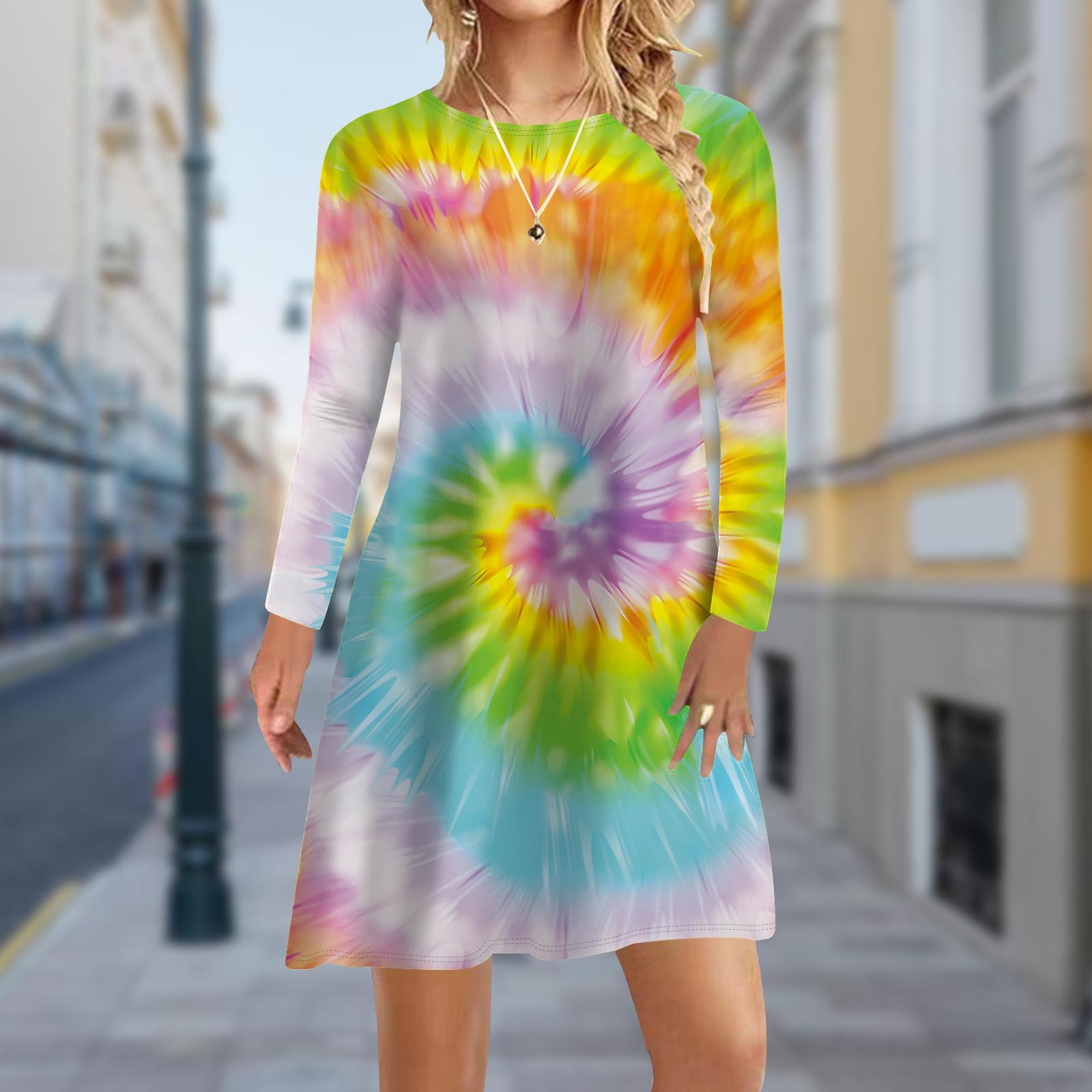 

Женское повседневное платье Осенние платья с принтом тай-дай для женщин Платье с коротким рукавом и круглым вырезом Плюс Размер 8XL оранжевый